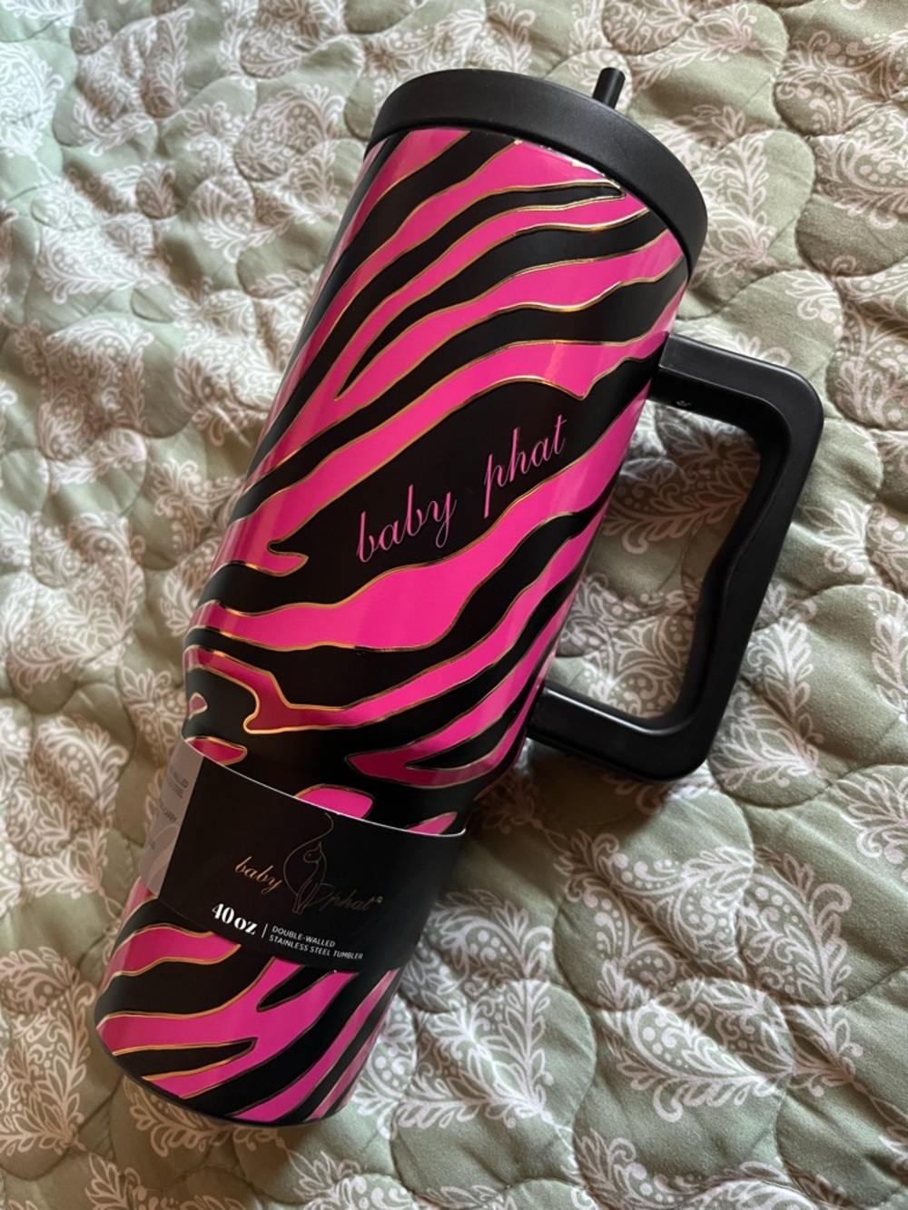Baby Phat Hot Pink and Black Zebra-Stripe Travel Tumbler